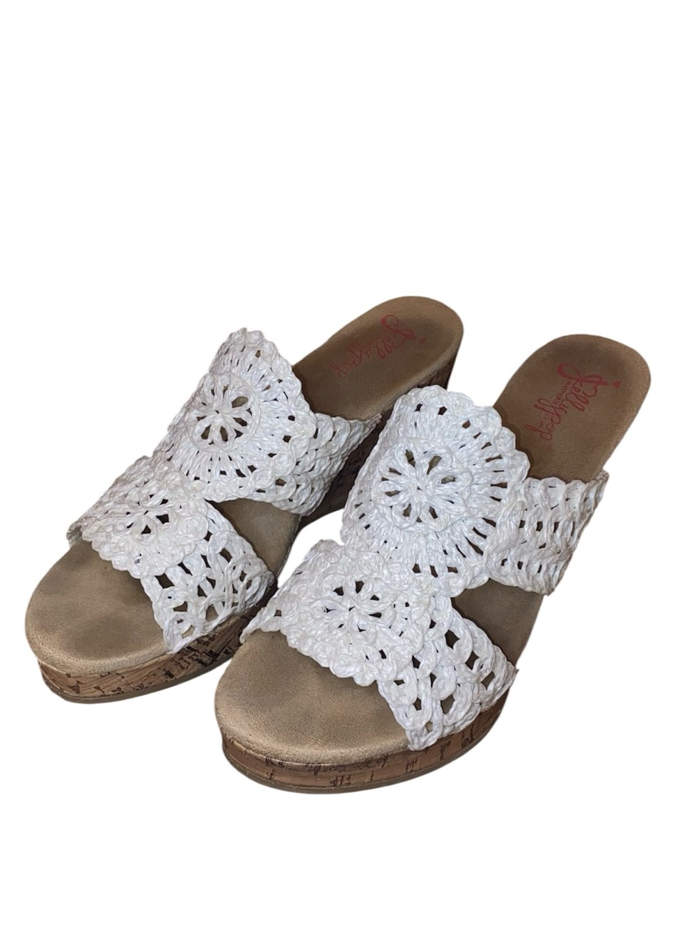 Jellypop White Crochet Cork Wedge Sandals